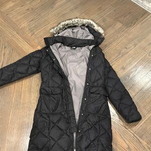 North face Women's Black Quilted Coat with Faux Fur Hood